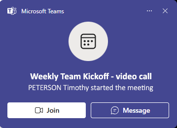 Weekly Team Kickoff meeting popup